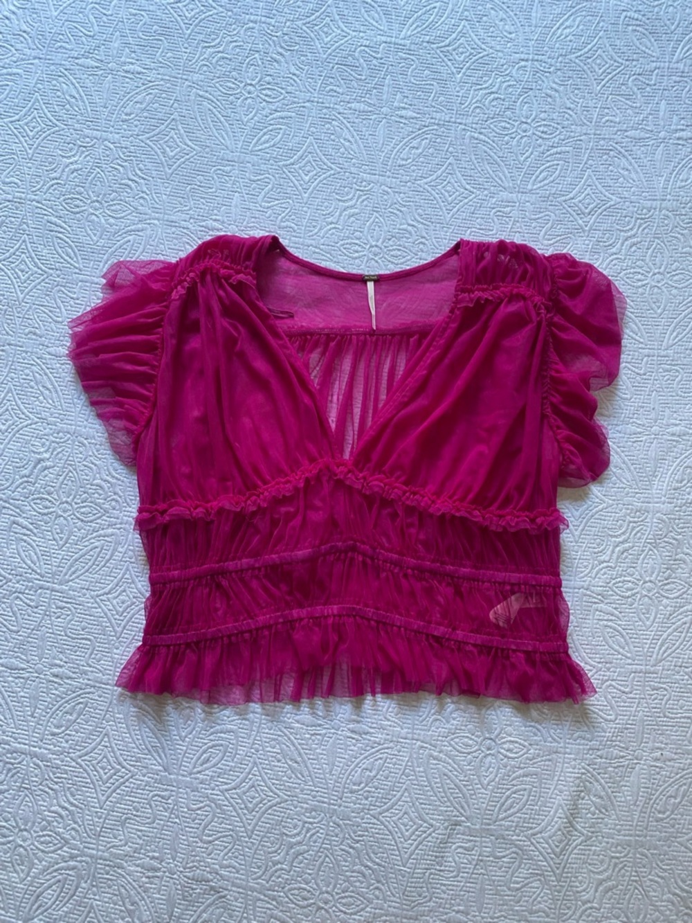 Free People Sheer Ruffle V-Neck Top - Fuchsia